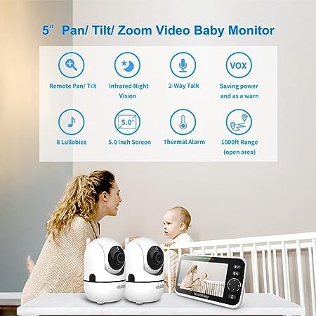 HelloBaby Upgrade Monitor, 5''Sreen with 30-Hour Battery, Pan-Tilt-Zoom Video Baby Monitor with Camera and Audio, Night Vision, VOX, 2-Way Talk, 8 Lullabies and 1000ft Range No WiFi, Ideal Gifts