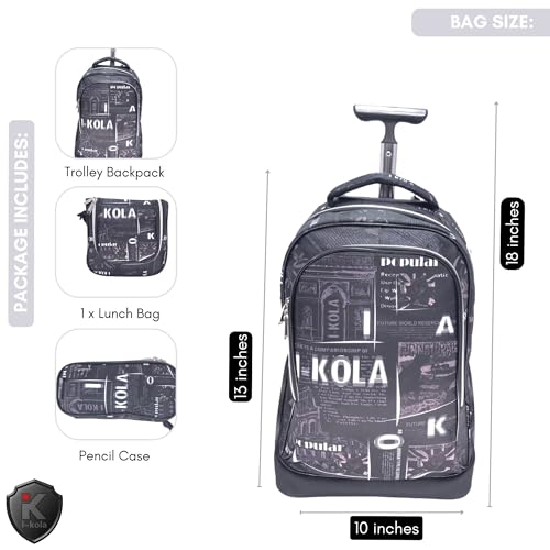 i-kola Blue 3pcs Kids Rolling School Bag Set – School Trolley Backpack with Lunch Bag & Pencil Case | 18″ Kid Luggage Backpack with Wheels & Telescopic Handle for Boys & Girls (E912-18BW3)