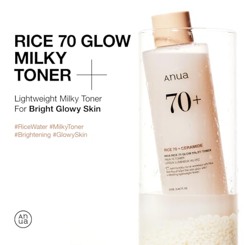 ANUA Rice 70 Glow Milky Toner, for Glass Skin, Rice Water, Niacinamide, Ceramides, Panthenol, Non comedogenic, Fungal Acne Safe, Korean Skin Care, 250ml/8.45fl.oz.