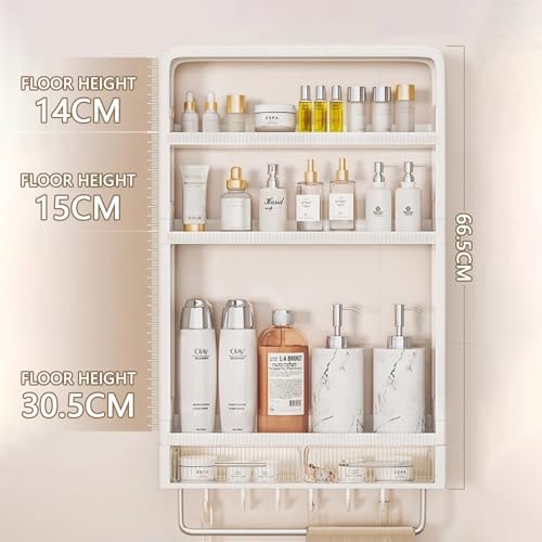 Wall Mounted Bathroom Shelves, White Bathroom Wall Cabinet with Towel Rack and 5 Hooks, No Drilling Required Accessories Holder, Shower Organizer for and Kitchen (White)