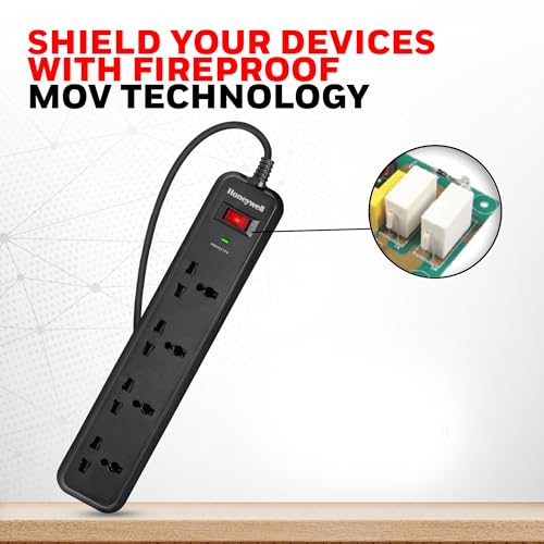 Honeywell Surge Protector, 4 Universal Sockets, 2 Meter Cord, 15000Amp, Device Secure Warranty, Automatic Overload Protection, Spike Guard/Extension Board, Master Switch, 3Year Manufacturer Warranty