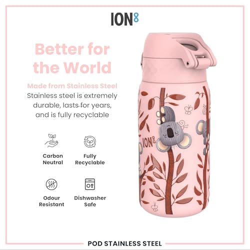 Ion8 Lightweight Steel Kids Water Bottle, 400ml/13oz, Non-Insulated, Leak Proof, Easy to Open, Secure Lock, Dishwasher Safe, Fits Cup Holders, Carry Handle, Metal Water Bottle, Pink, Baby Koalas