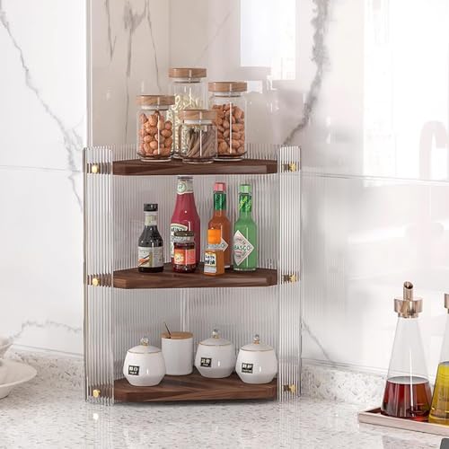 Baoly 3-Tier Bathroom Organizer Countertop - Skincare and Makeup Corner Wall Shelf, Solid Wood Triangular Light Luxury Tray, Kitchen Corner Standing Rack