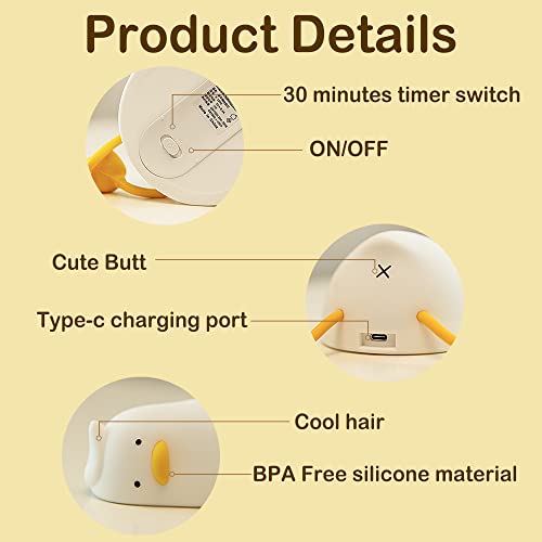 Hinittey Lying Flat Duck Night Light, Cute Light Up Soft Silicone Nursery Duck Lamp with Touch Control & Rechargeable & Timer & Dimmer for Kids, Kawaii Gifts of Birthday Festival for Children Girls
