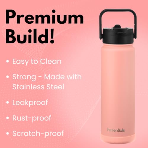 Hssentials 750ml Vacuum Insulated Water Bottle, Double Wall Stainless Steel Thermos Bottle with 2 Lids Included, Straw Lid and Wide Mouth, Hot Cold Water Flask, Sports Bottle (25oz, Baby Pink)