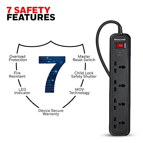 Honeywell Surge Protector, 4 Universal Sockets, 2 Meter Cord, 15000Amp, Device Secure Warranty, Automatic Overload Protection, Spike Guard/Extension Board, Master Switch, 3Year Manufacturer Warranty