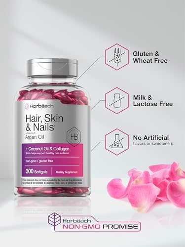Horbäach Hair Skin and Nails Vitamins | 300 Softgels | with Biotin and Collagen | Infused with Argan Oil and Coconut Oil | Non-GMO, Gluten Free Supplement | by