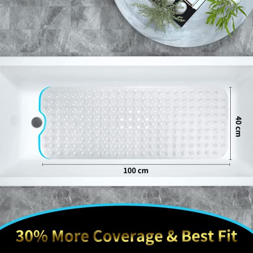 ikeoat Bathtub Mats for Shower Tub, Extra Long Non-Slip Bath Tub Mat with Suction Cups and Drain Holes, 100x40cm Shower Mat for Bathroom Washable, Clear