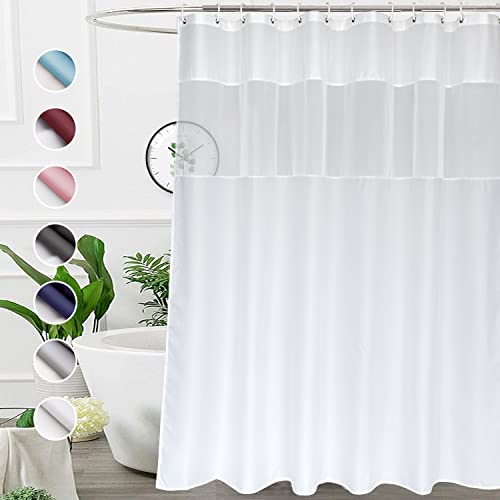 UFRIDAY Fabric White Shower Curtain with Mesh Window, Waterproof Bathroom Curtain with Weighted Bottom Hem, Machine Washable, 72 x 72 Inch