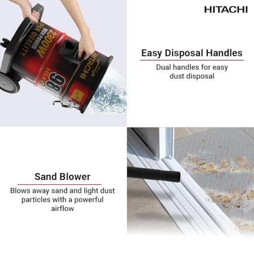 HITACHI Drum Vacuum Cleaner 2300 Watts, 23L Tank Dust Capacity, Aero Power Brush to Clean Efficiently, Metal Pipe Dusting Brush & Crevice Nozzle, Washable Filter, Best for Home & Office, CV980TJBKRGAE