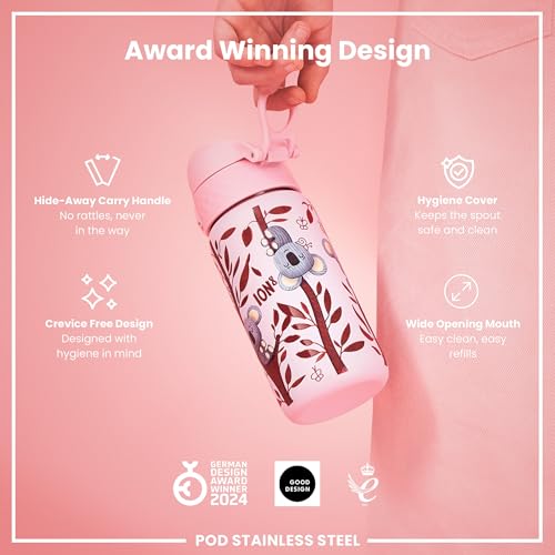 Ion8 Lightweight Steel Kids Water Bottle, 400ml/13oz, Non-Insulated, Leak Proof, Easy to Open, Secure Lock, Dishwasher Safe, Fits Cup Holders, Carry Handle, Metal Water Bottle, Pink, Baby Koalas