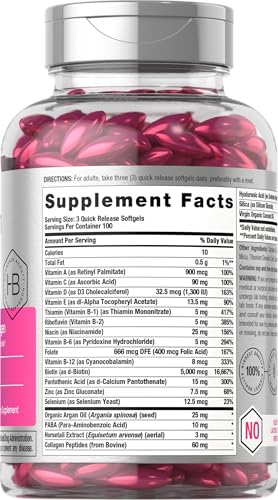 Horbäach Hair Skin and Nails Vitamins | 300 Softgels | with Biotin and Collagen | Infused with Argan Oil and Coconut Oil | Non-GMO, Gluten Free Supplement | by