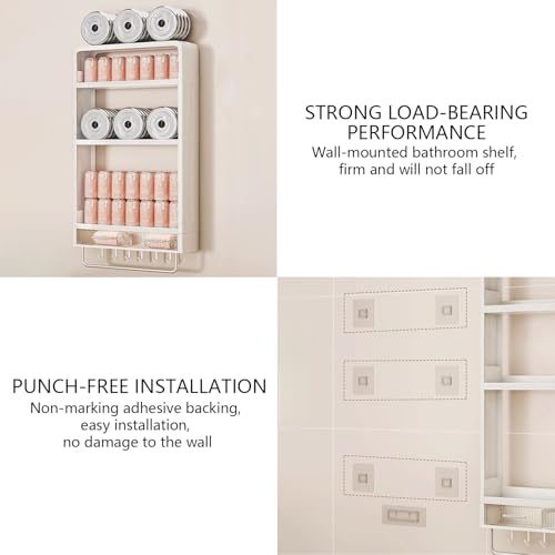 Wall Mounted Bathroom Shelves, White Bathroom Wall Cabinet with Towel Rack and 5 Hooks, No Drilling Required Accessories Holder, Shower Organizer for and Kitchen (White)