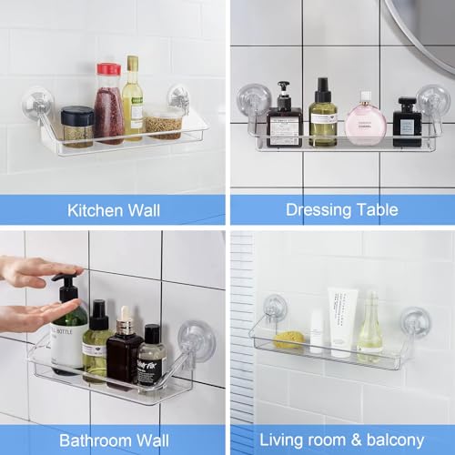 KASTWAVE Shower Caddy Suction Cup, No Drilling Hang Walls, Adhesive Clear Acrylic Shelf, for Bathroom, Pantry, Kitchen, Utility Room (Shower Caddy Suction Cup)