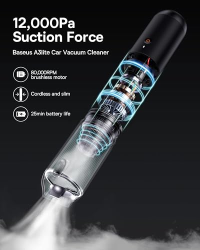 Baseus Car Vacuum Cleaner High Power, A3 Lite 12000PA Handheld Vacuum with Single Touch Empty, USB C Fast Charging, 4 in 1 Mini Hand Vacuum Air Blower Inflator Pump Dust Buster for Car,Home,Office
