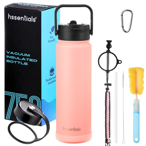 Hssentials 750ml Vacuum Insulated Water Bottle, Double Wall Stainless Steel Thermos Bottle with 2 Lids Included, Straw Lid and Wide Mouth, Hot Cold Water Flask, Sports Bottle (25oz, Baby Pink)