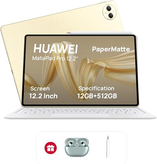 HUAWEI MatePad Pro 12.2" PaperMatte Tablet, 2.8K Tandem OLED 144 Hz FullView Display, Large battery, Super Charge, Wifi, 12GB, HUAWEI Glide Keyboard, Professional GoPaint APP, Gold Gifts
