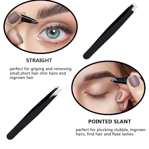MOMENT 4 Pcs Tweezers Set with Leather Case Professional Stainless Steel Tweezers for Eyebrows Great Precision for Eyebrow, Ingrown Hair, Splinter, Facial Hair Removal Black