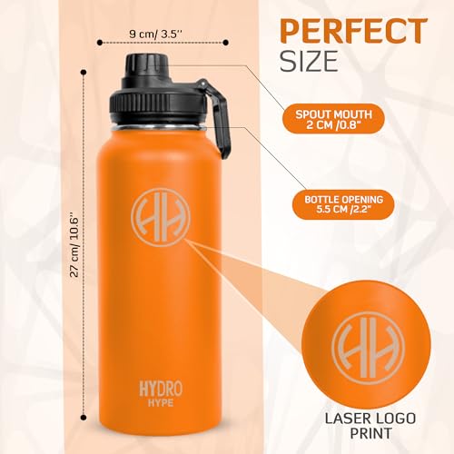 HYDRO HYPE Stainless Steel Water Bottle 1L,Double Wall Flask 32Oz,Thermos for Sports,Gym,Kids School,Home,Office,Vacuum Insulated,Water Bottle Combo 1 Silicon Finger Stretch Trainer(Tangy Orange)
