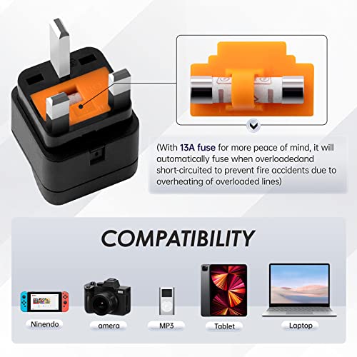 infino� World to UK Travel Adapter (3-Pack, Black) - Universal 3-Prong Power Converter, Transforms US/JP/AU/EU/CN plugs to UK - Grounded, Safe & Compact for All Devices, Includes 13A Fuse + 2 Spares