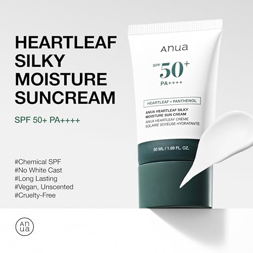 ANUA Heartleaf Silky Moisture Sun Cream SPF 50 PA++++, Korean Sunscreen, Face Sunscreen, Niacinamide, Fragrance Free, Travel Essentials, Low White Cast, 50ml /1.69fl.oz