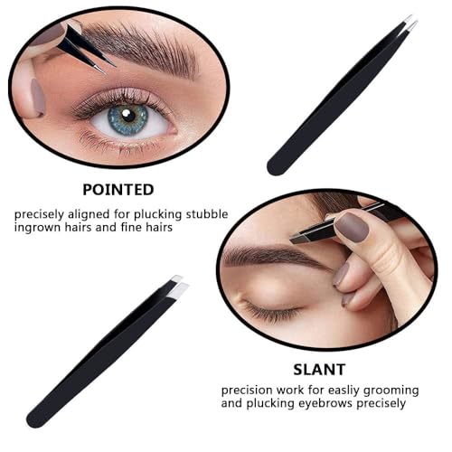 MOMENT 4 Pcs Tweezers Set with Leather Case Professional Stainless Steel Tweezers for Eyebrows Great Precision for Eyebrow, Ingrown Hair, Splinter, Facial Hair Removal Black