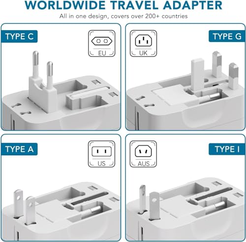 HEYMIX LIFE Universal Travel Adapter,Universal Travel Adapter USB C,World Travel Power Plug With USB,All In One Travel Plug Adapter For EU/US/UK/AU Compatible With iPhone/Samsung (White, PACK)