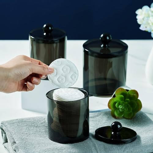 SheeChung 4 Pack Plastic Acrylic Bathroom Vanity Countertop Canister Jars with Storage Lid, Apothecary Jars Qtip Holder Makeup Organizer for Cotton Balls,Swabs,Pads,Bath Salt(Black, 10&12oz)