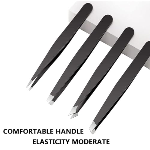 MOMENT 4 Pcs Tweezers Set with Leather Case Professional Stainless Steel Tweezers for Eyebrows Great Precision for Eyebrow, Ingrown Hair, Splinter, Facial Hair Removal Black