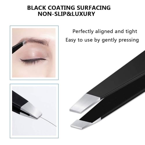 MOMENT 4 Pcs Tweezers Set with Leather Case Professional Stainless Steel Tweezers for Eyebrows Great Precision for Eyebrow, Ingrown Hair, Splinter, Facial Hair Removal Black