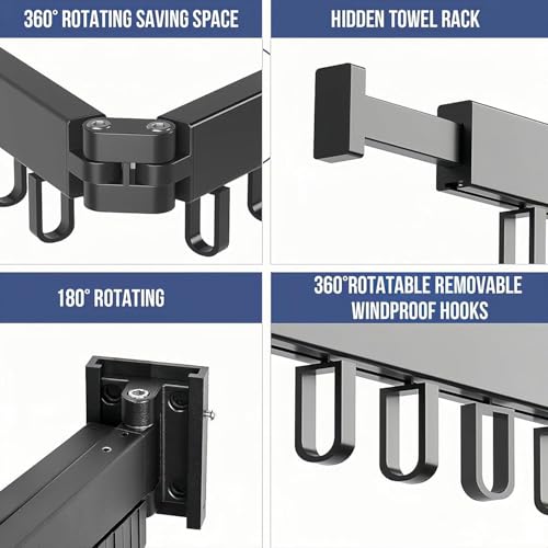 Heavy Duty Retractable Clothes Drying Rack - Wall Mounted Space Saving Aluminum Laundry Hanger Rack with Folding Arms & 18 Hooks for Indoor, Balcony, Outdoor Use (Black)