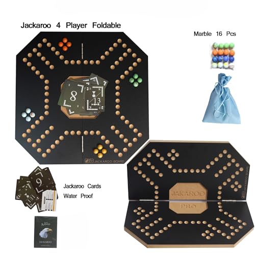 Jackaroo Pro 4 Player Foldable Board Game, 16 Coloured Marbles, Jackaroo Waterproof Cards