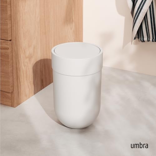 Umbra Touch Waste Can, Small Trash Can with Lid, Swing Lid Basket, Garbage for Washroom/Bathroom, White