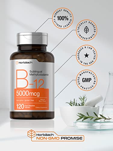 Horbäach B12 Sublingual Methylcobalamin | 5000mcg | 120 Fast Dissolve Tablets | Vegetarian, Non-GMO and Gluten Free Supplement | by Horbaach