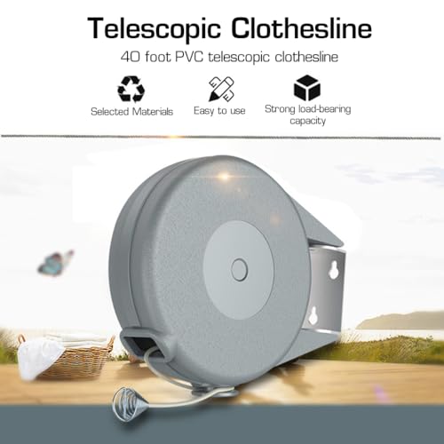 HASTHIP® Retractable Clothesline - 30lbs Portable Heavy Duty Indoor and Outdoor Washing Line, 39 Feet PVC Retracting Clothes Line with Wooden Clamp, Wire Clothesline Outdoor Clothesline (Grey)