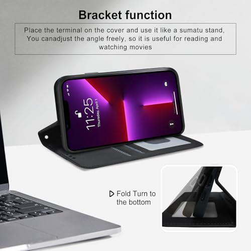 bjnosdv iPhone 13 Pro Case Premium PU Leather Wallet Case 2 Card Holder Shockproof Flip Cover with Kickstand Function Hidden Magnetic Adsorption Flip Wallet Case - Black