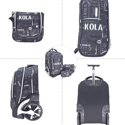 i-kola Blue 3pcs Kids Rolling School Bag Set – School Trolley Backpack with Lunch Bag & Pencil Case | 18″ Kid Luggage Backpack with Wheels & Telescopic Handle for Boys & Girls (E912-18BW3)