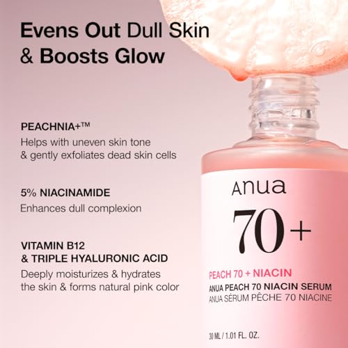 ANUA Peach 70 Niacinamide Serum, Lightweight Hydration for Dry Skin, Vitamin B12, Hyaluronic Acid, Glass Skin, Dewy Finish, Natural Pink Color, Korean Skin Care, 30ml/1.01 fl.oz
