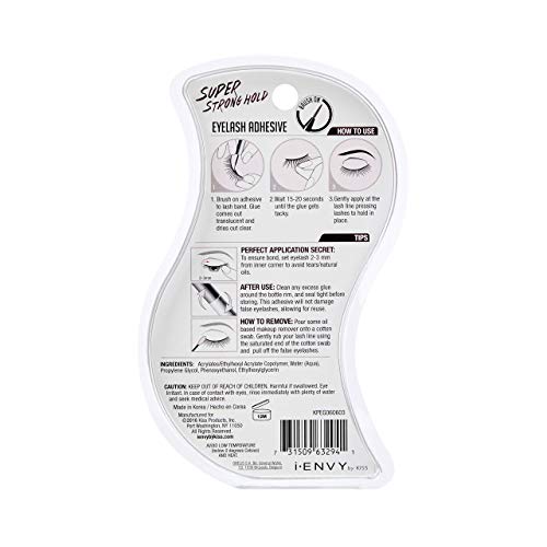 i-Envy by KISS Super Strong Hold Eyelash Adhesive, Waterproof Long-Lasting Strip Lash Glue, Natural-Looking Allergy & Latex Free with Brush Applicator (Clear)