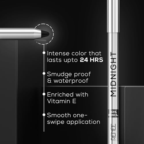 RENEE Midnight Kohl Kajal Pencil - Waterproof, Smudgeproof With Sharpener - 24 Hours Long Stay - Darkest Black - One Swipe Application - Vitamin E, Olive Oil and Castor Oil - 1.5 Gm, Matte Finish