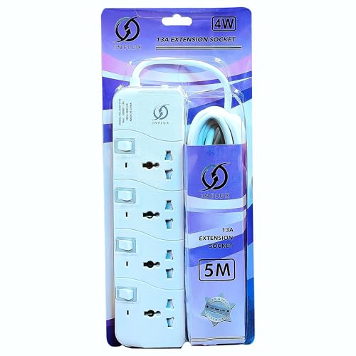INFLUX Extension Cord with 4-Outlet - 5 Meter Multi Plug Extension Cable for Maximum Reach and Versatility - Power Strip with Universal Plug adapter and Heavy duty power Cord with 13A Fused plug.