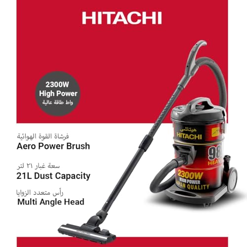 HITACHI Drum Vacuum Cleaner 2300 Watts, 23L Tank Dust Capacity, Aero Power Brush to Clean Efficiently, Metal Pipe Dusting Brush & Crevice Nozzle, Washable Filter, Best for Home & Office, CV980TJBKRGAE