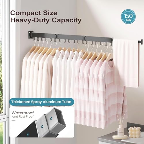 Heavy Duty Retractable Clothes Drying Rack - Wall Mounted Space Saving Aluminum Laundry Hanger Rack with Folding Arms & 18 Hooks for Indoor, Balcony, Outdoor Use (Black)