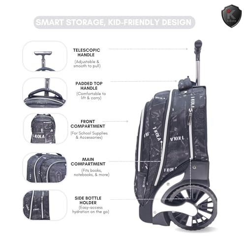 i-kola Blue 3pcs Kids Rolling School Bag Set – School Trolley Backpack with Lunch Bag & Pencil Case | 18″ Kid Luggage Backpack with Wheels & Telescopic Handle for Boys & Girls (E912-18BW3)