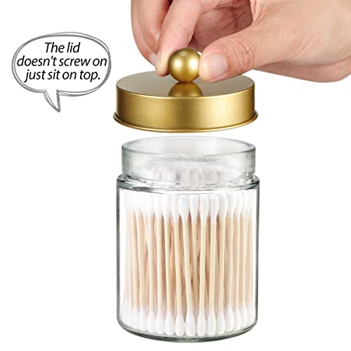 Apothecary Jar Canisters Bathroom Vanity Organizer - Qtip Holder Storage Organizer Countertop Canister-Stainless Steel Lids &Cute Stickers for Qtips,Cotton Swabs,Makeup Sponges,Floss(3 Pack ) (Gold)