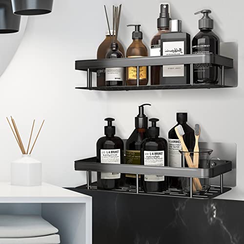 INFOSUN 2PCS Bathroom Shower Shelf, No Drilling Shower Shelf for Bathroom Storage, Can be wall-mounted without holes for Bathroom, Toilet, Shower, kitchen Accessories, with 1 Soap Dishes(2Pack,Black)