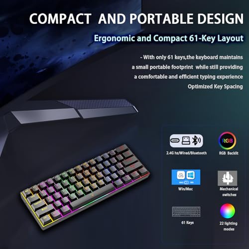 infino Wireless Bluetooth Tri-Mode (2.4G/Bluetooth/USB-C) Mechanical Keyboard, Multi-Platform Support (Windows/Mac/Linux/Tablet), Rechargeable 61-Key RGB Backlit Brown Switch Gaming Keyboard