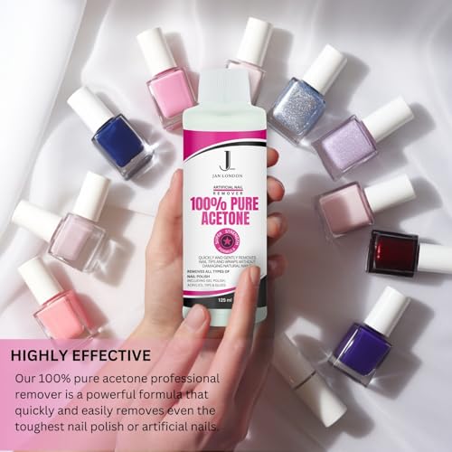 JAN LONDON 100% Pure Acetone Nail Polish Remover for UV/LED Gel, Acrylic Nails, and Nail Varnish Soak Off – Professional Strength, Fast-Acting Formula, 125ml
