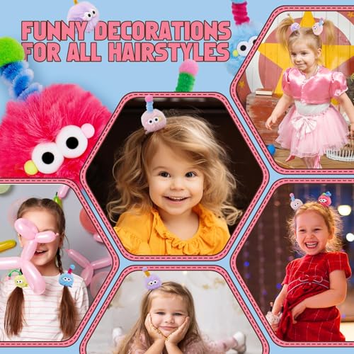 HZYH Fluffy Pom Poms Hair Clip For Girls, Cartoon Hair Barrettes For Kids, Colorful Hair Clips For Toddler, Quirky Little Monster Hair Accessory For Halloween, 5 Pieces