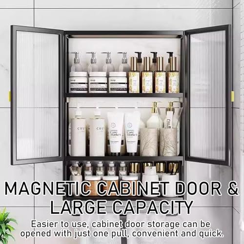 HIKKY Bathroom Storage Cabinet, Wall Mounted Bathroom Organizer Cabinet with Magnetic Door, Large Bathroom Wall Cabinet Medicine Cabinet, Utility Cabinet Organizer for Bathroom, Kitchen(Black)
